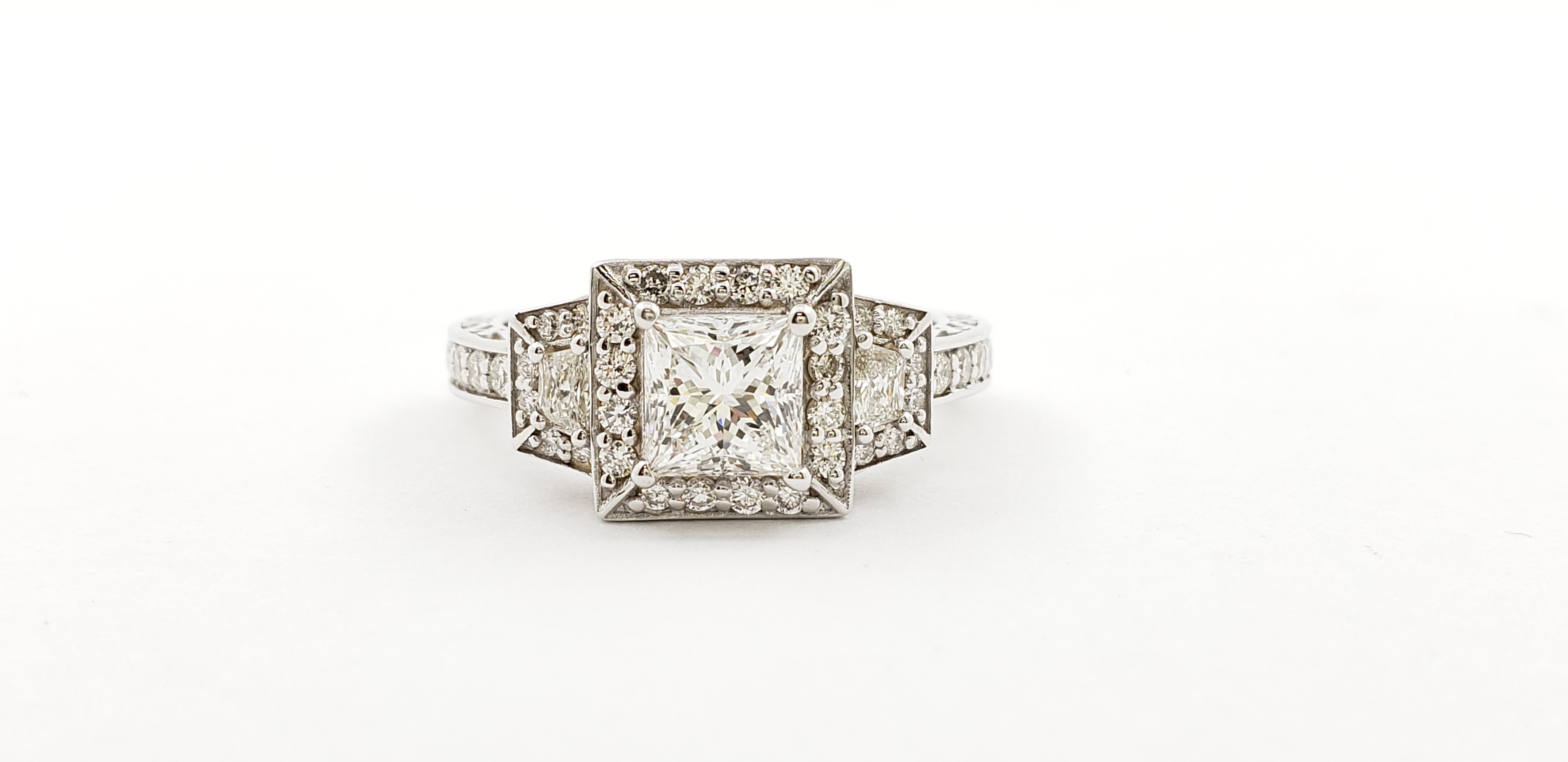 Three Stone Princess Cut Diamond Halo Ring